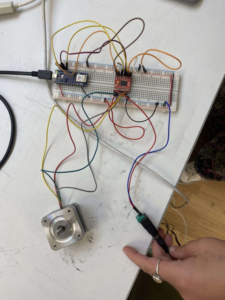 Breadboarded circuit for stepper motor control.