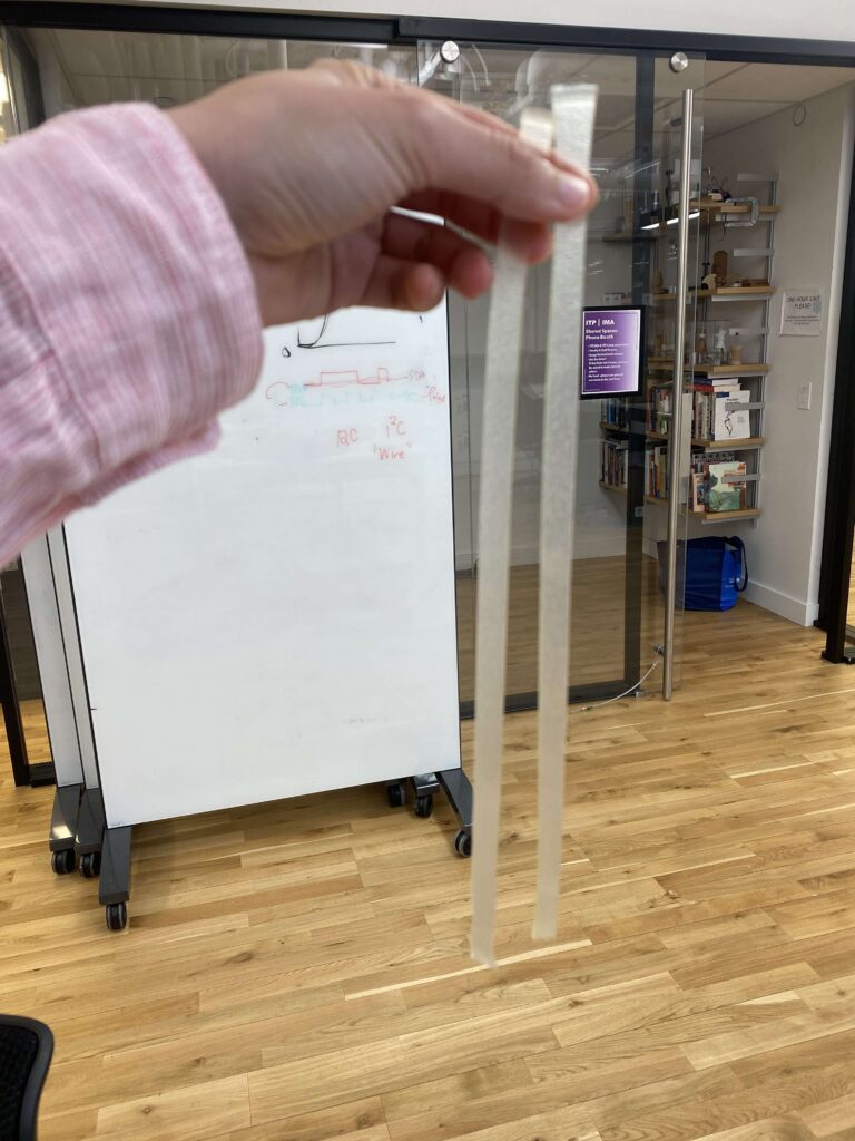 Two thin strips cut from sheet of bioplastic.