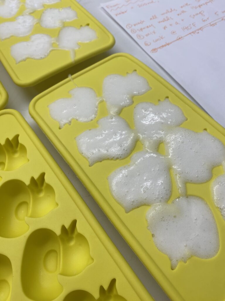 Fresh biofoam in yellow silicone duck molds.