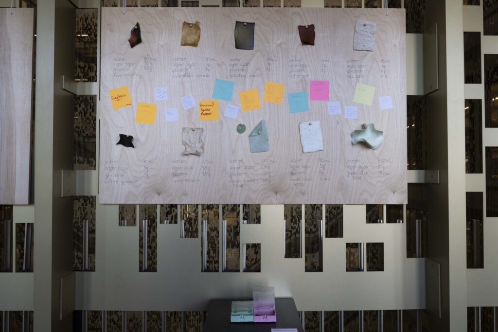 "Sustainable Material Workshop" installation exhibited in NYU's Bobst Library.