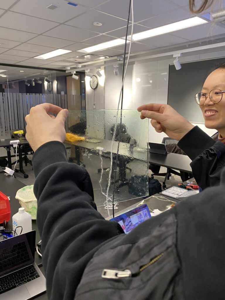 Students holding up and admiring clear sheet of biomaterial. 