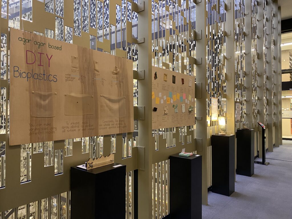 "Sustainable Material Workshop" installation exhibited in NYU's Bobst Library.