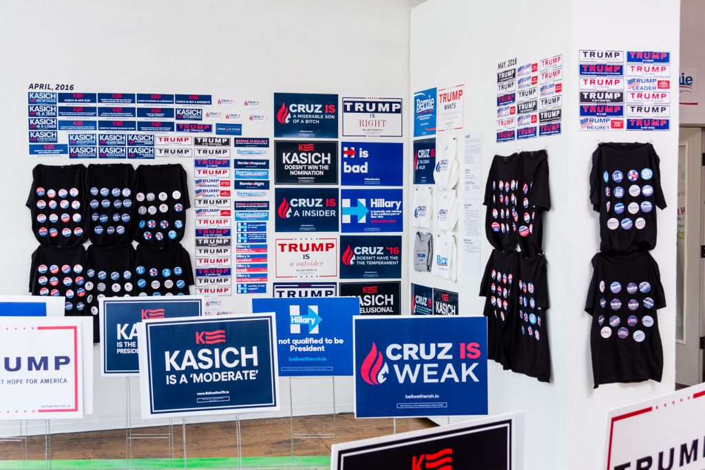 Campaign paraphernalia on the wall at the Bellwether exhibit