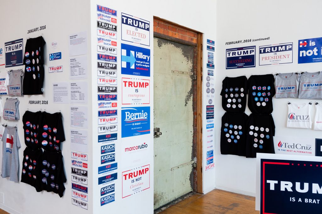 Campaign paraphernalia on the wall at the Bellwether exhibit