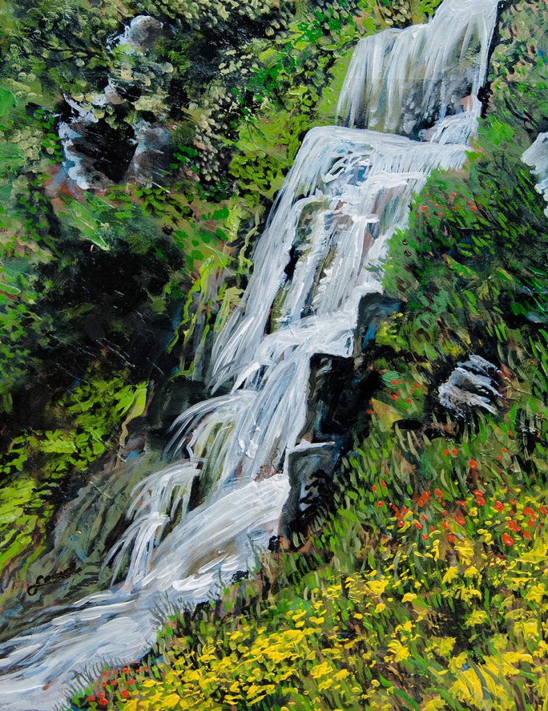 Painting of a waterfall surrounded by lush grasses