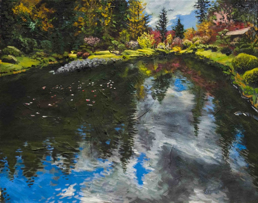 Painting of a lake surrounded by nature