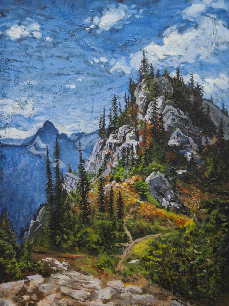 Painting of a rugged mountain terrain.