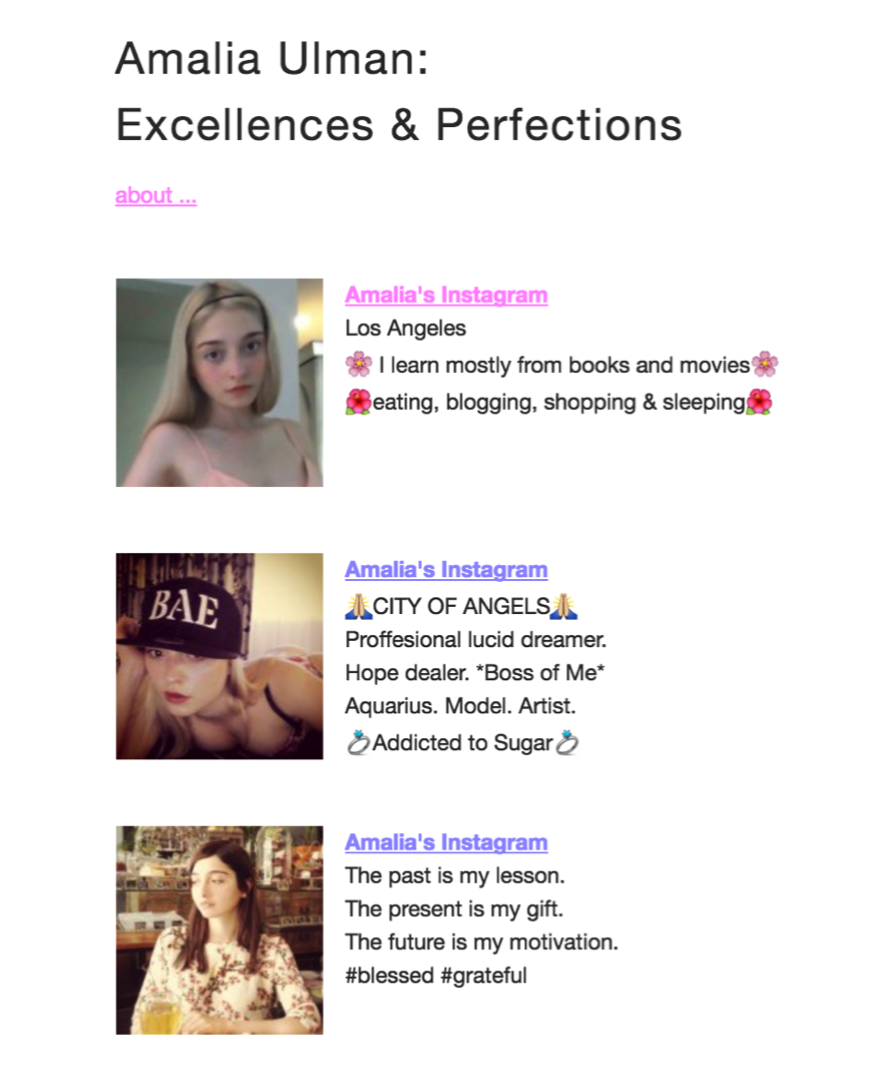 Amalia Ulman, “the Tumblr girl, the sugar baby ghetto girl, and the girl next door”, screenshot, from Excellences & Perfections, 2014, Web Image, Courtesy of Rhizome.