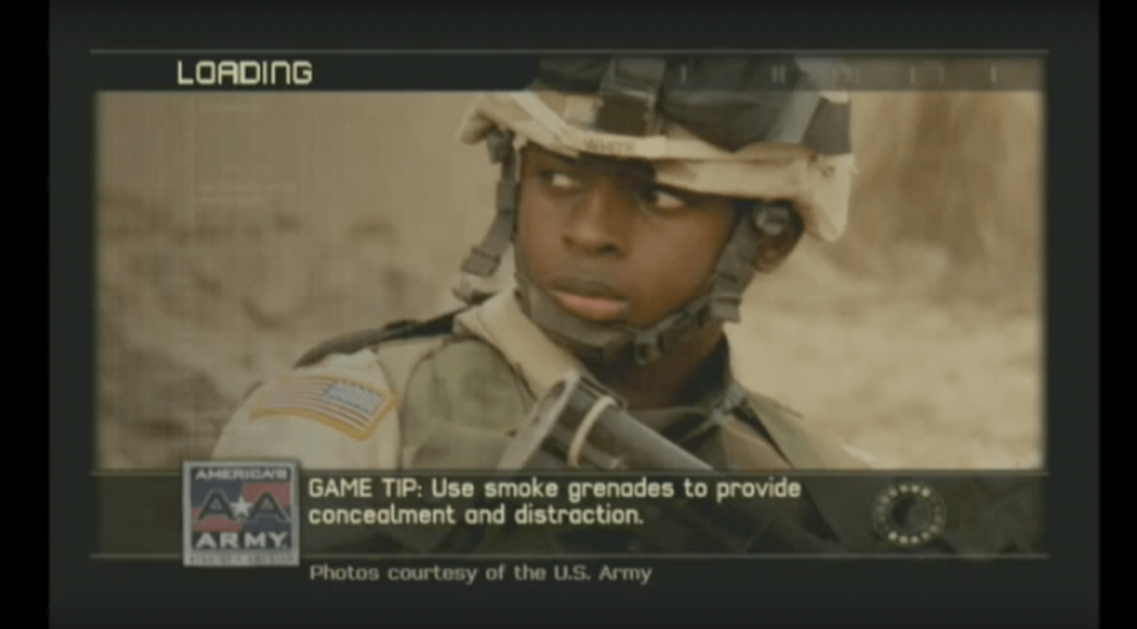 A still from the video game America's Army. It shows a US Army soldier giving the following advice "Use smoke grenades to provide concealment or distraction"