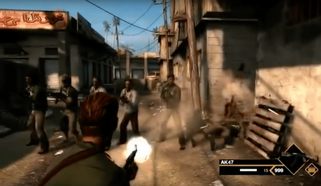 A still from the unreleased video game Six Days in Fallujah, depicting a man shooting several other men who are standing in a row.