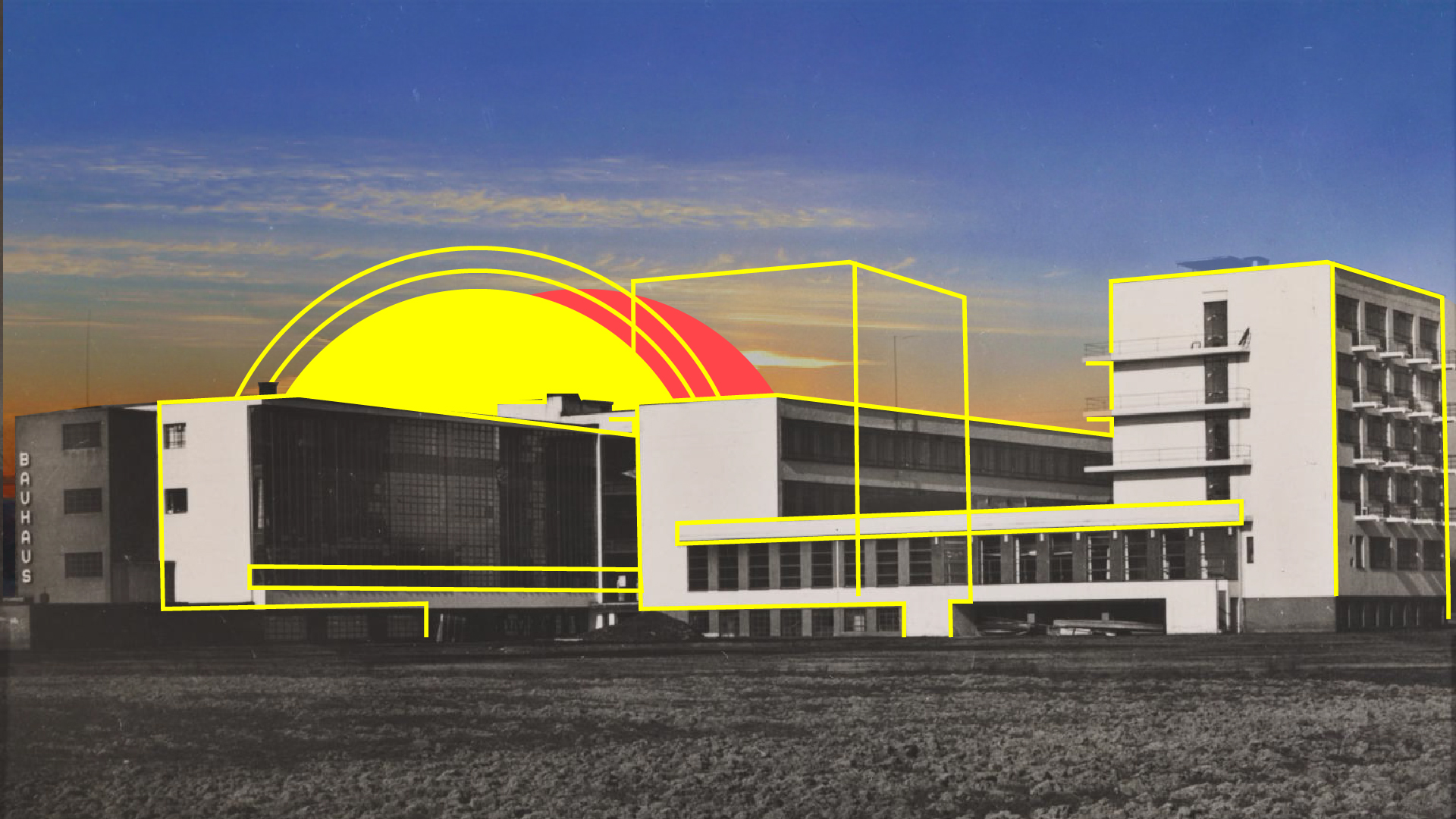 An image of a bauhaus designed building with a yellow outline