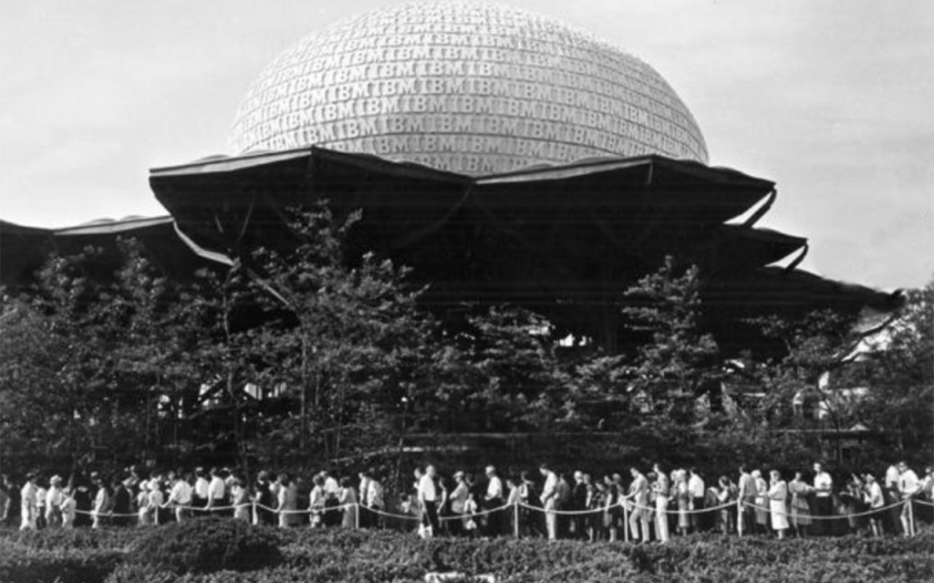 Line of visitors waiting to get into "The Egg", IBM's 1964 World's Fair Pavillion