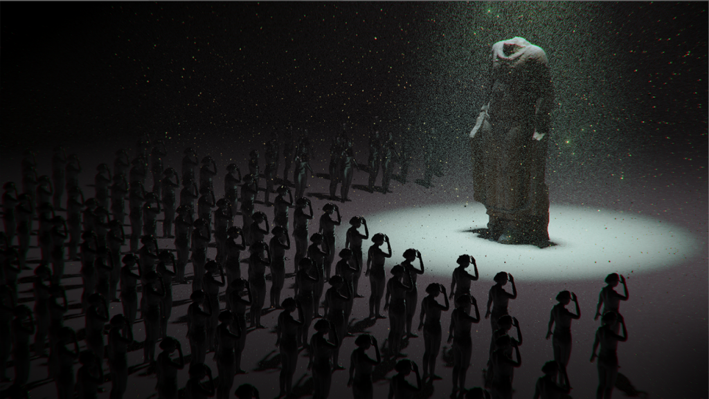 3D rendering of a futuristic scene, a crowd is worshipping a giant headless statue