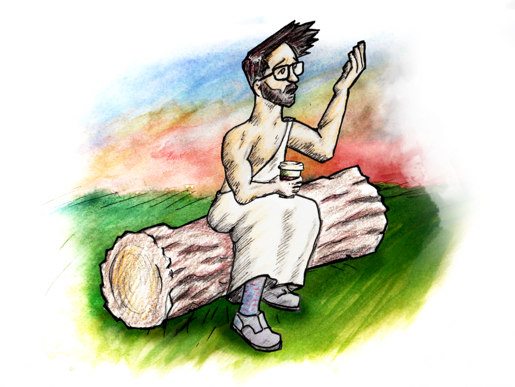 Illustration of professor in Greek toga delivering a lecture while sitting on a log