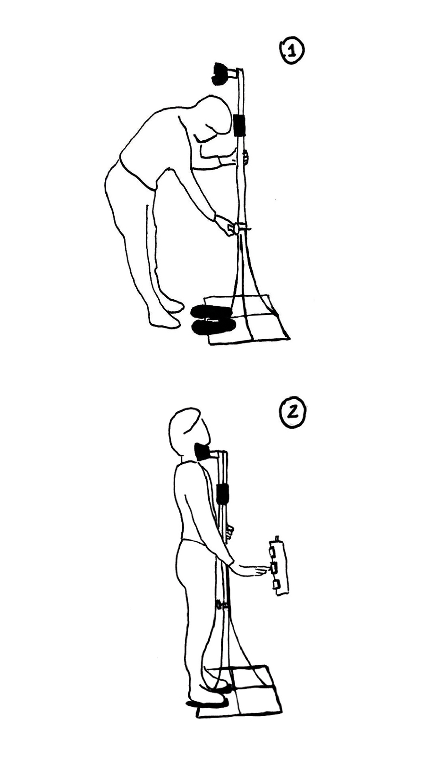 Sketch of 'Anguish Massager' (2016) showing the user adjusting the height of the neck piece, and then embracing the sculpture and hitting the button.