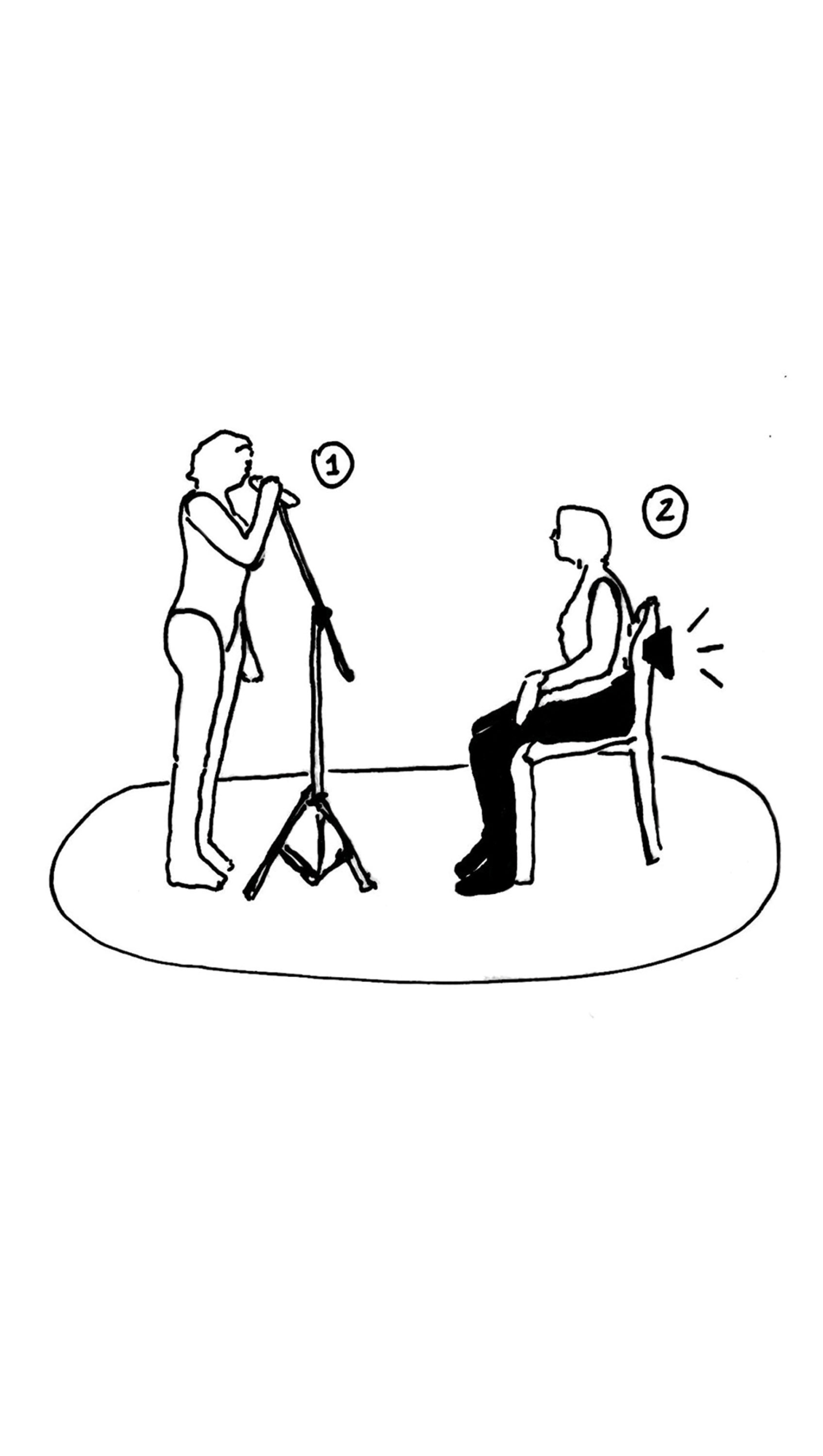 Sketch of 'Inside Voice' (2018) showing a person talking to a microphone in front of someone sitting on a chair with a speaker attached to the back.