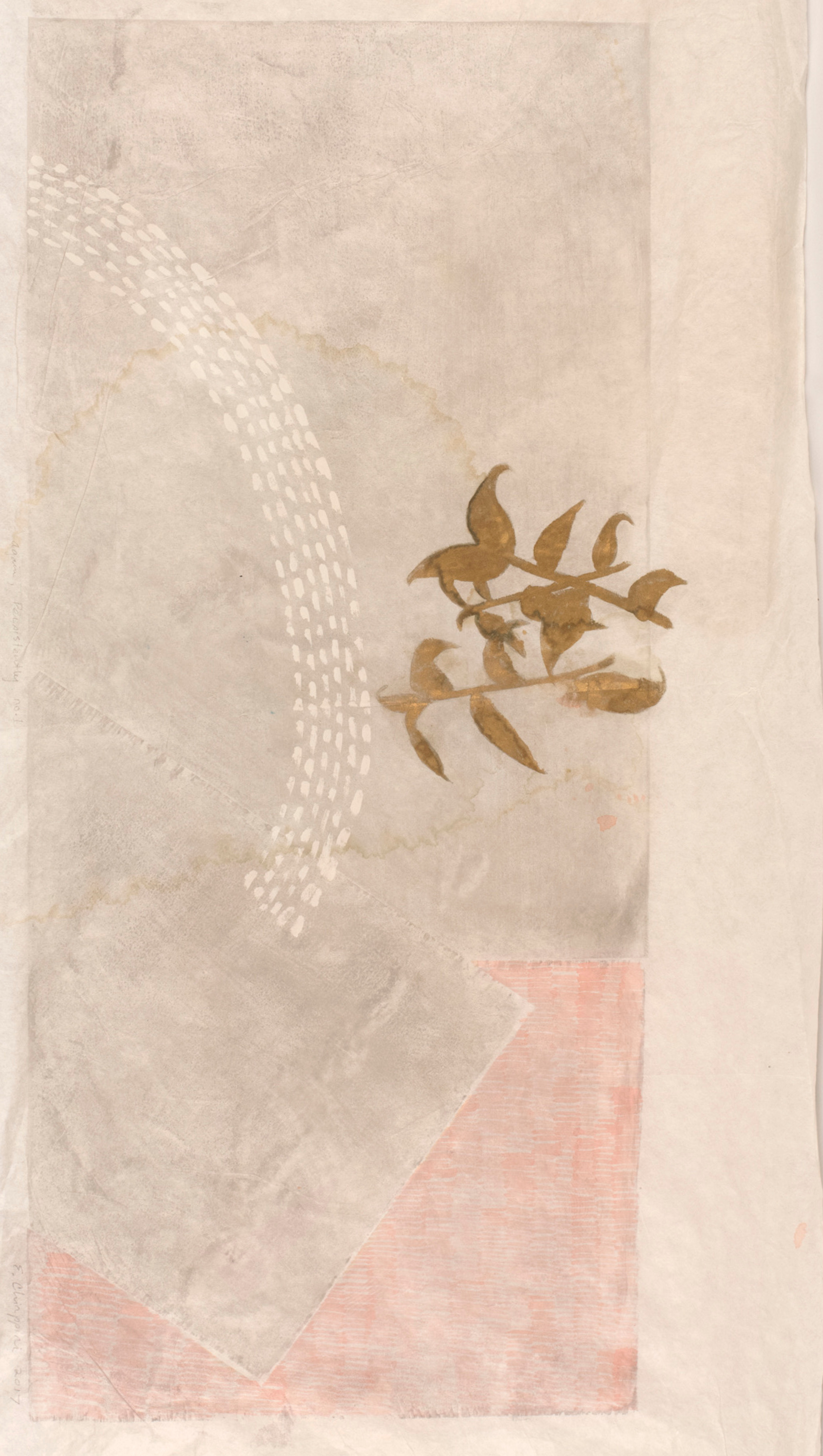 tan and white paper with a gold flower-like forms impressed within