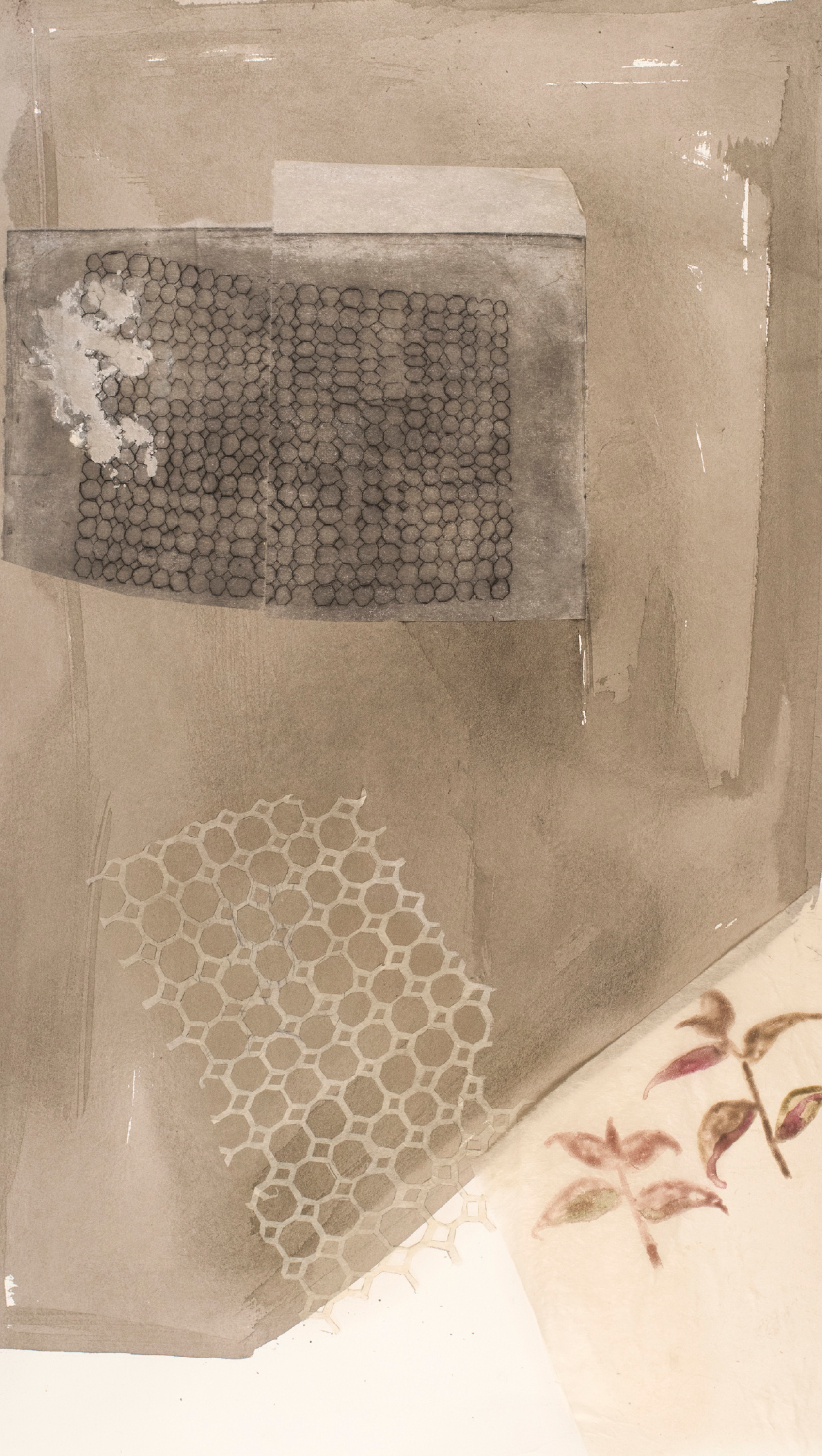 a mixture of collage and paper, creating a dark brown rectangle with imprints of a gold flower-like form 