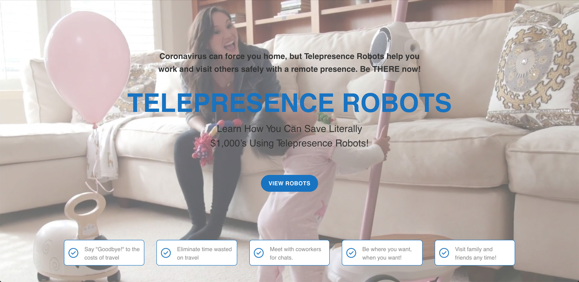 Screenshot of TelepresenceRobots.com’s homepage, displaying a woman on a couch speaking to a telepresence robot while her baby grabs onto the robot's body