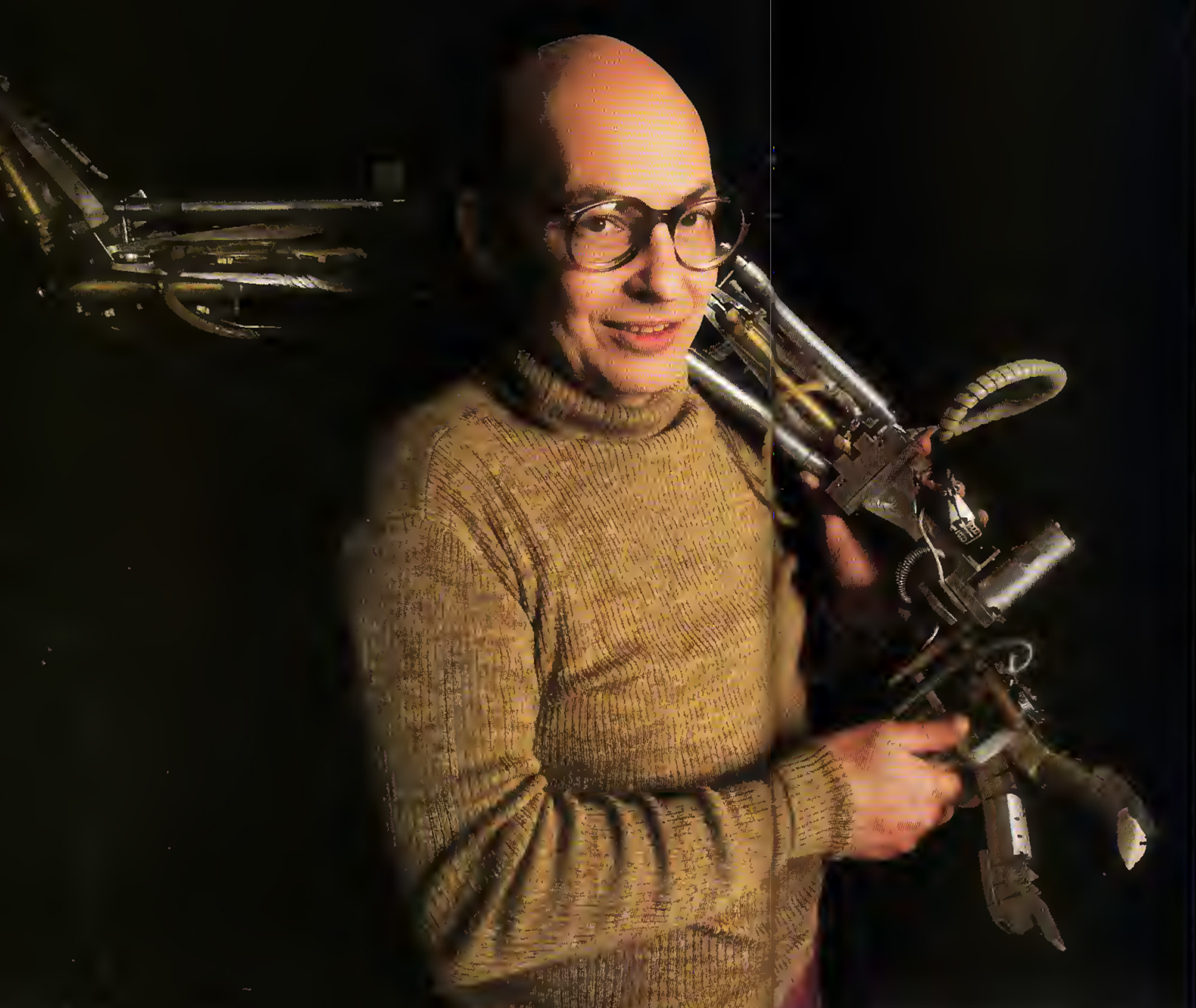 A portrait of Marvin Minsky with a robotic arm