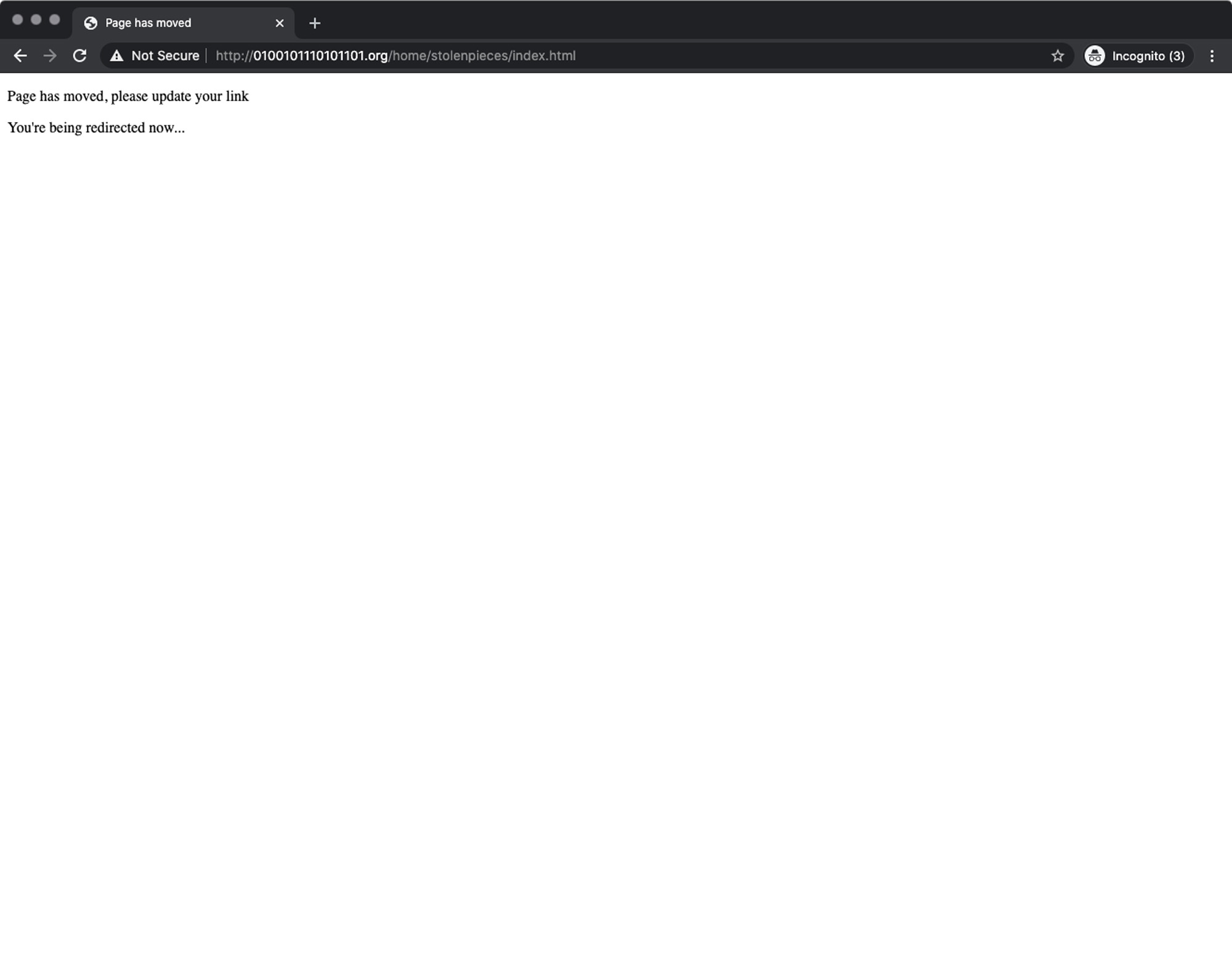Screenshot of a webpage with a redirect error