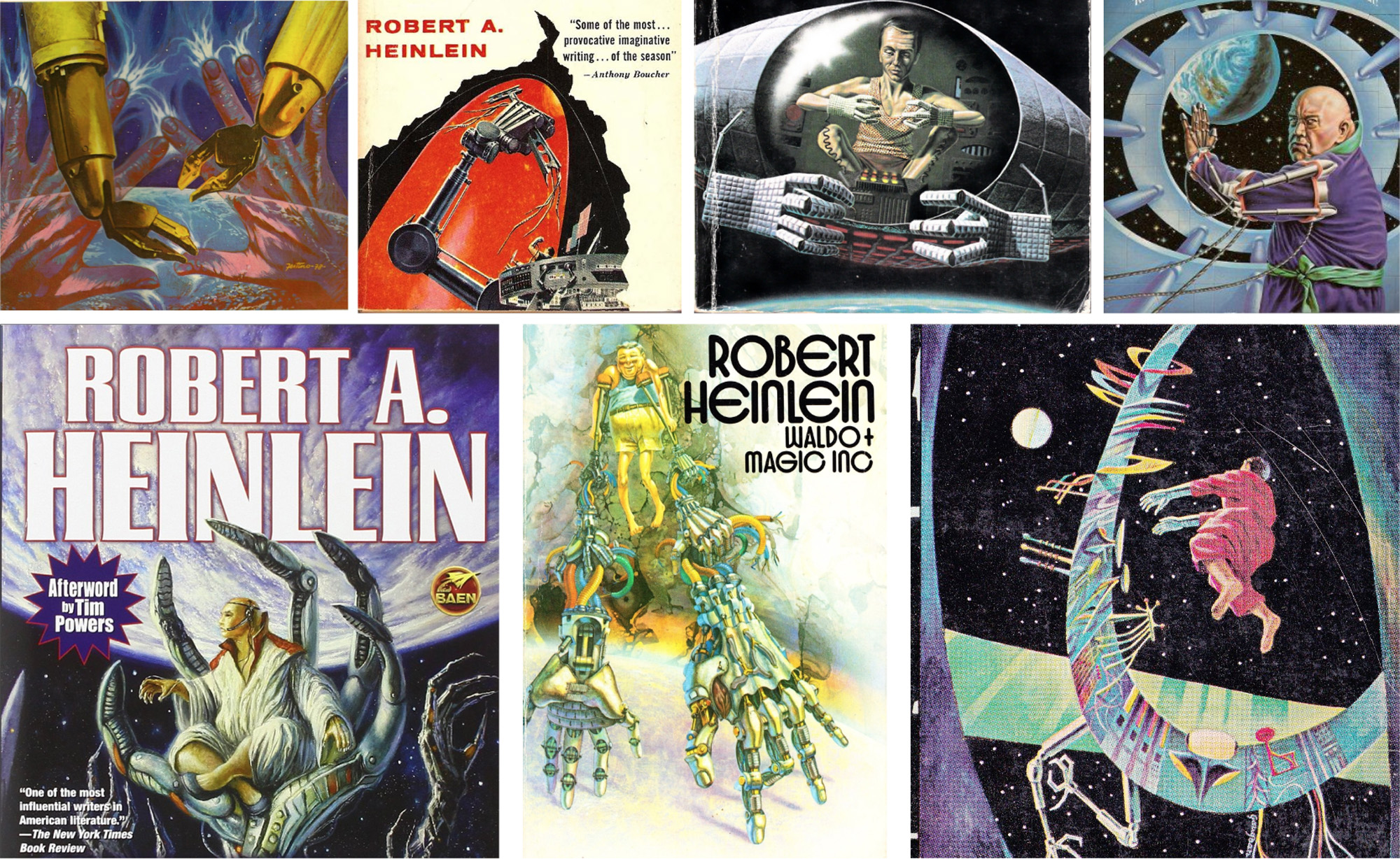 Cover illustration details from different editions of Robert Heinlein’s 1942 short story Waldo.