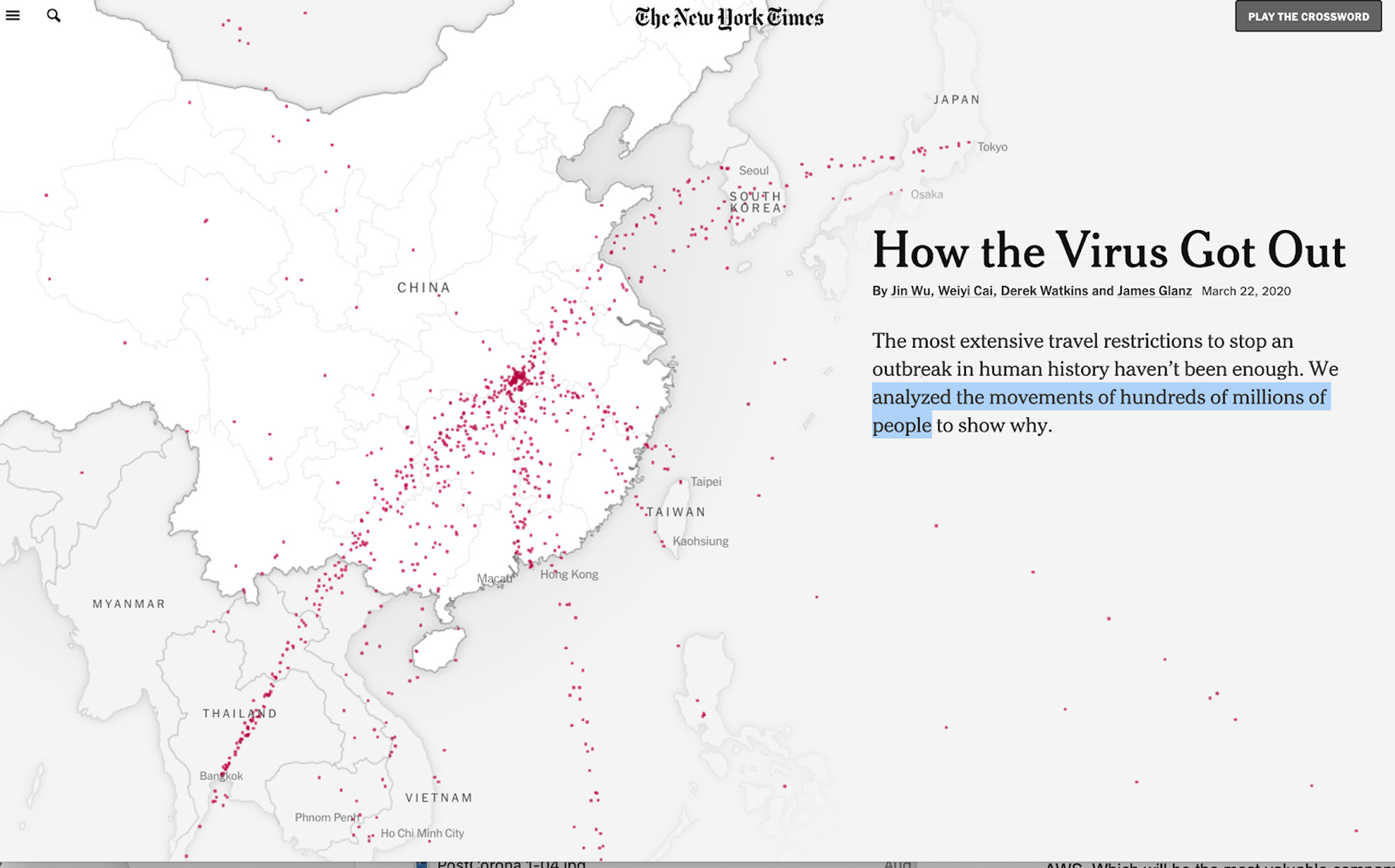 Still image of the interactive graphic from The New York Times article, "How the Virus Got Out"--showing movement of people