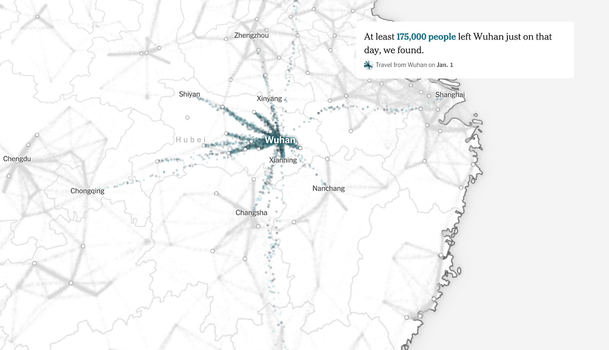 Still image of the interactive graphic from The New York Times article, "How the Virus Got Out"--showing movement of people