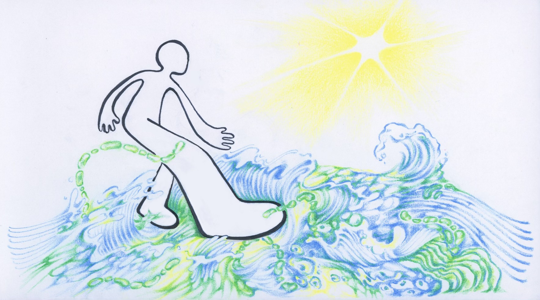 Illustration of figure stepping around a colored surface. There's a sun in the sky.