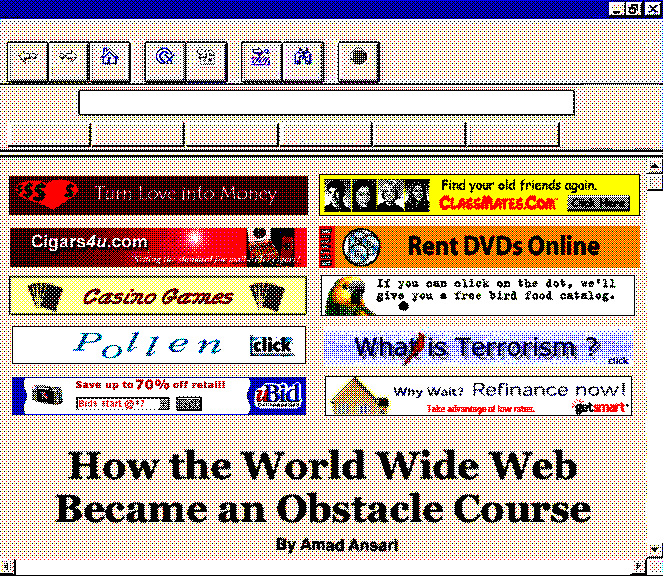 a browser window in an old operating system, with several "advertisements"