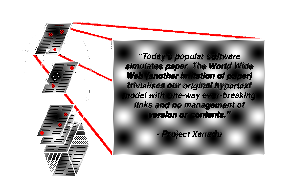 diagram comparing software to paper. red lines, black text, quote attributed to project xanadu