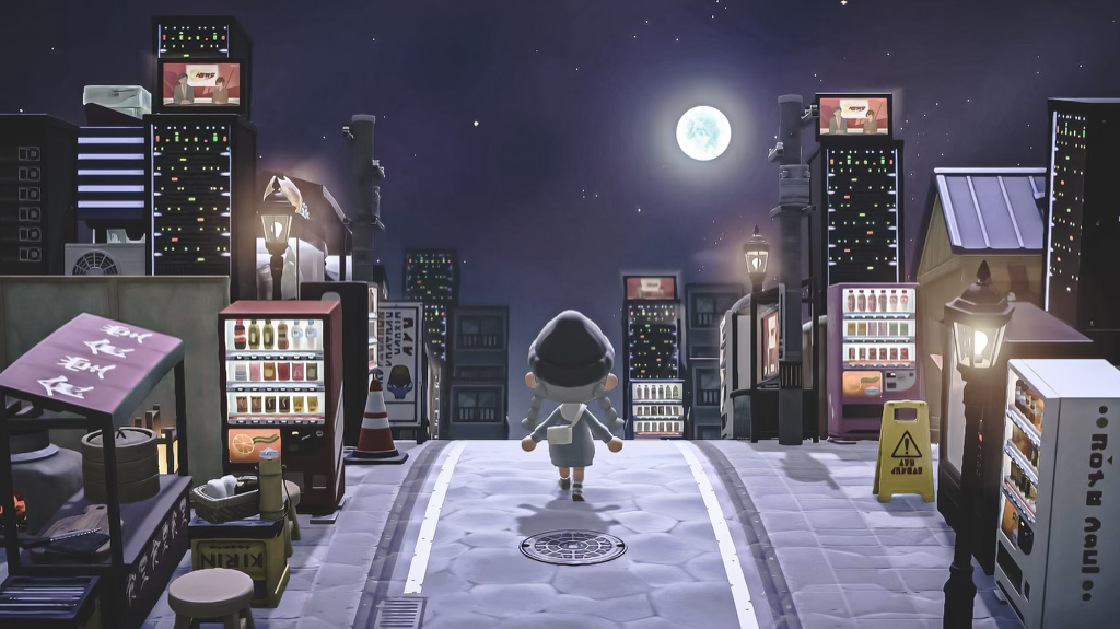 animal crossing character walking through an animal crossing downtown.