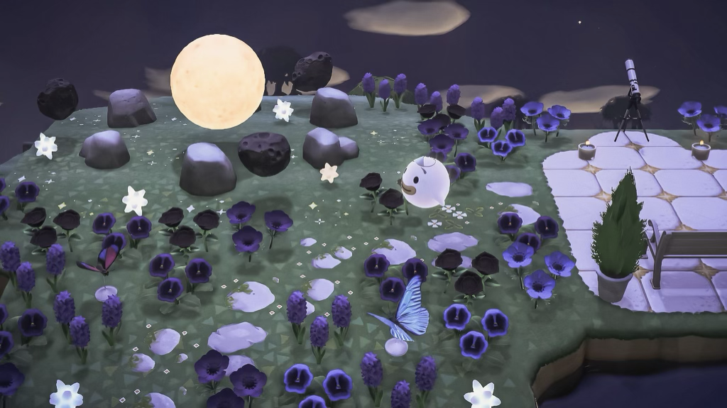 an animal crossing ghost in an animal crossing field at night.