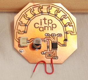 An etched circuit board with the ITP Camp, LEDs, and other components.