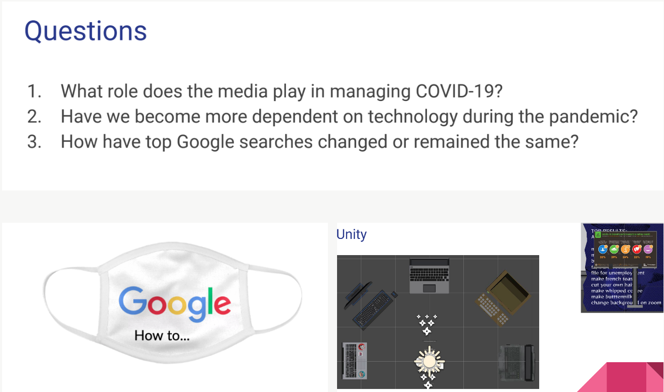A presentation slide with three questions about media, technology, and COVID-19