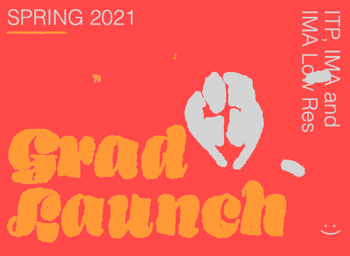 A gif animation poster with a red background a grayish human figure diving. The text on the poster write "Spring 2021 ITP, IMA, and IMA Low Res Grad Launch"