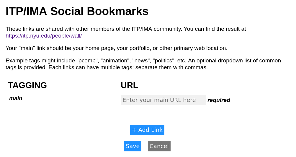 A screenshot of the Social Bookmarks page, with no links added.