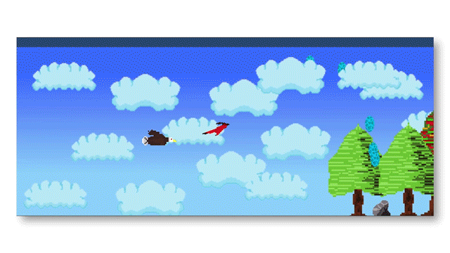A GIF video of "Egg Rescue", a video game where the player is a bird rescuing eggs in the forest while eagles chase it. The game is played with an egg-shaped controller in a nest. By Alan Winslow.