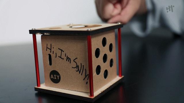 An animated GIF of someone pressing a button on "Sally", a joke-making bot by David Leyva. Sally is box-shaped, with a face on top, and the nose is the button. "Hi, I'm Sally" is written on the side of the bot.