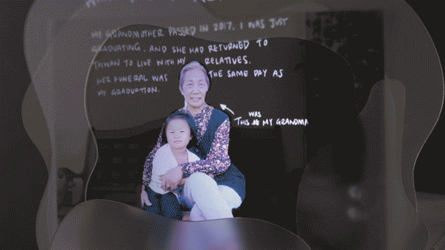 A video GIF of words and personal stories appearing around a photograph of the artist, Leia Chang, and their grandmother.