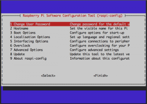 Screenshot of the raspi-config main menu during installation.