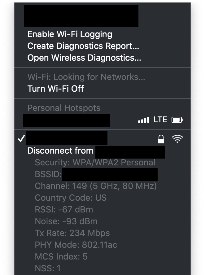 Screenshot of MAC WiFi network information showing details like security, BSSID, signal strength, and PHY mode.