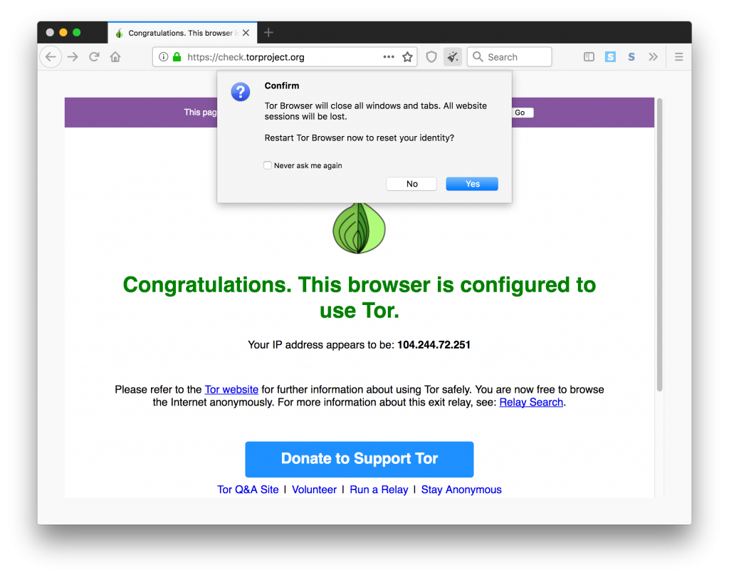 Screenshots of the Tor browser, with the identity refresh popup.