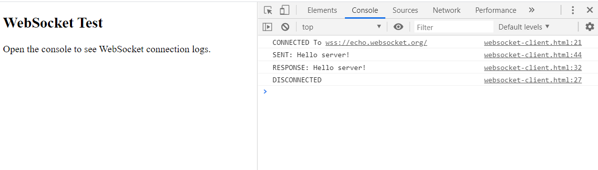 An HTML page showing a simple websocket client
