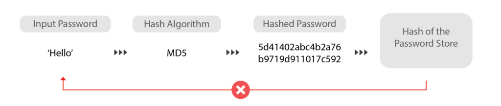 Graph of password hashing. Password in cleartext points to hashing algorithm points to hashed password points to hash of the password store. 