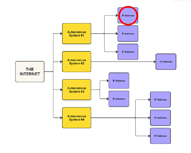 the same 3 layer flowchart with internet, autonomous systems and ip addresses with the topmost ip address highlighted in red.