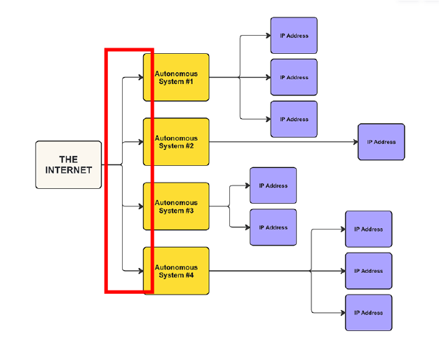 the same 3 layer flowchart with internet, autonomous systems and ip addresses with the connections between the internet and autonomous systems highlighted in red.