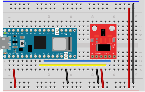 An APDS-9960 color sensor breakout board connected to an Arduino Nano 33 IoT