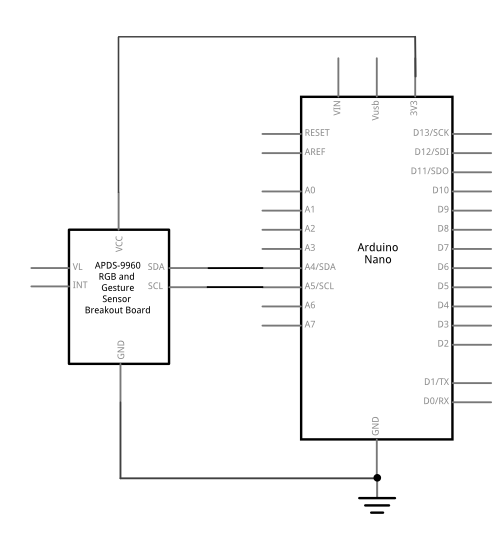 Schematic view of an Arduino attached to an APDS-9960 sensor.