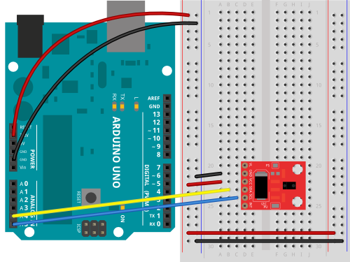 Breadboard view of an Arduino attached to an APDS-9960 sensor